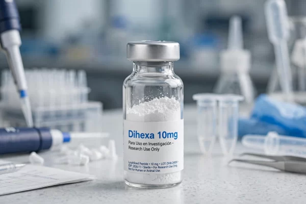 Vial de Dihexa 10mg péptido liofilizado para uso en investigación