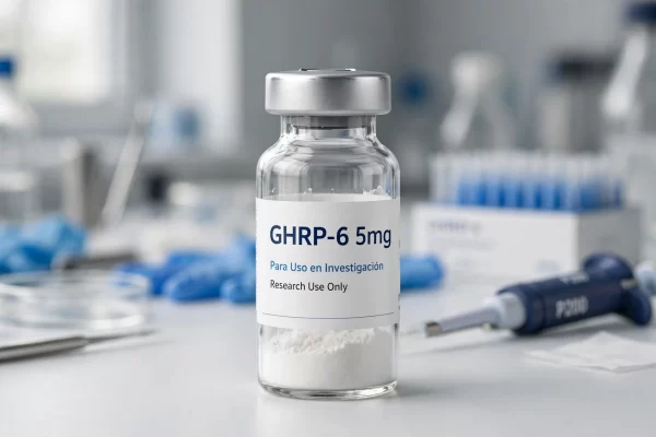 Vial de GHRP-6 5mg péptido liofilizado para uso en investigación