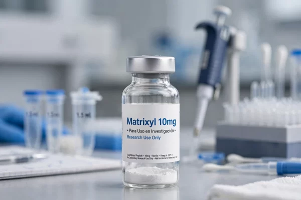 Vial de Matrixyl 10mg péptido liofilizado para uso en investigación