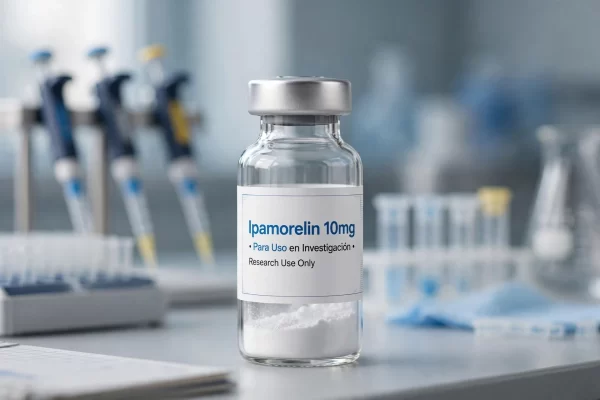 Vial de Ipamorelin 10mg péptido liofilizado para uso en investigación