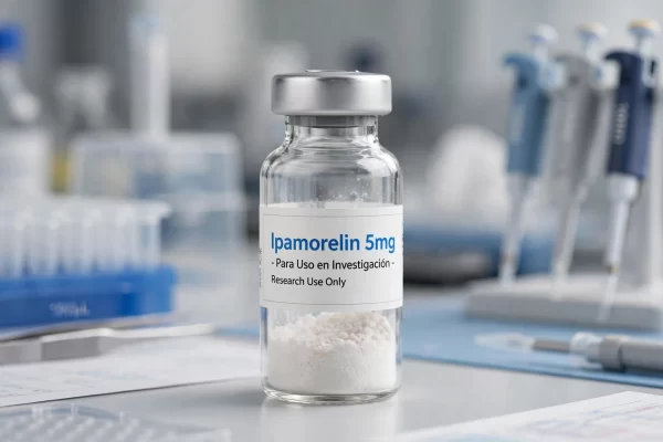 Vial de Ipamorelina 5mg péptido liofilizado para uso en investigación